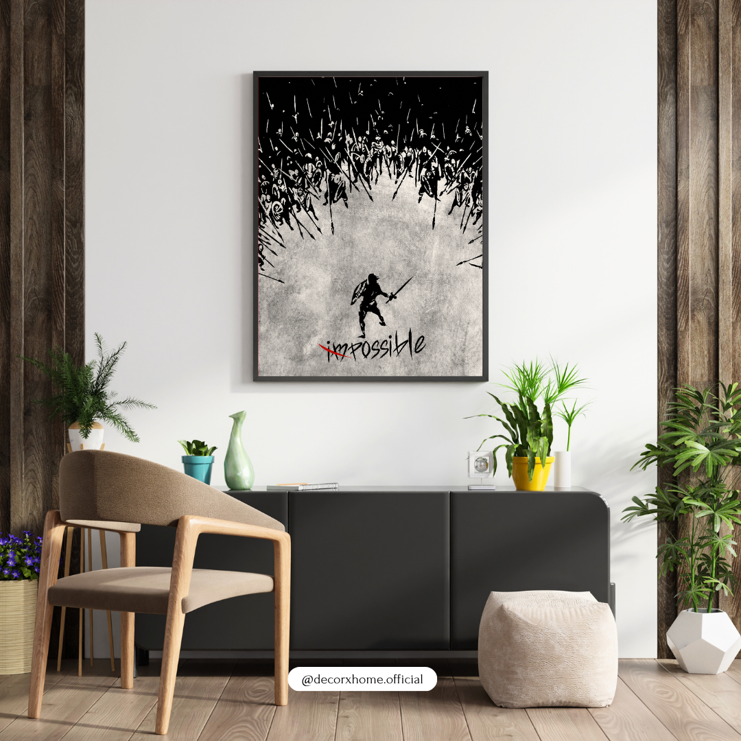 DecorexHome “Impossible” Warrior Motivation Poster | Minimal Black & White Inspirational Wall Art | Spartan Battle Artwork | Modern Mindset Decor