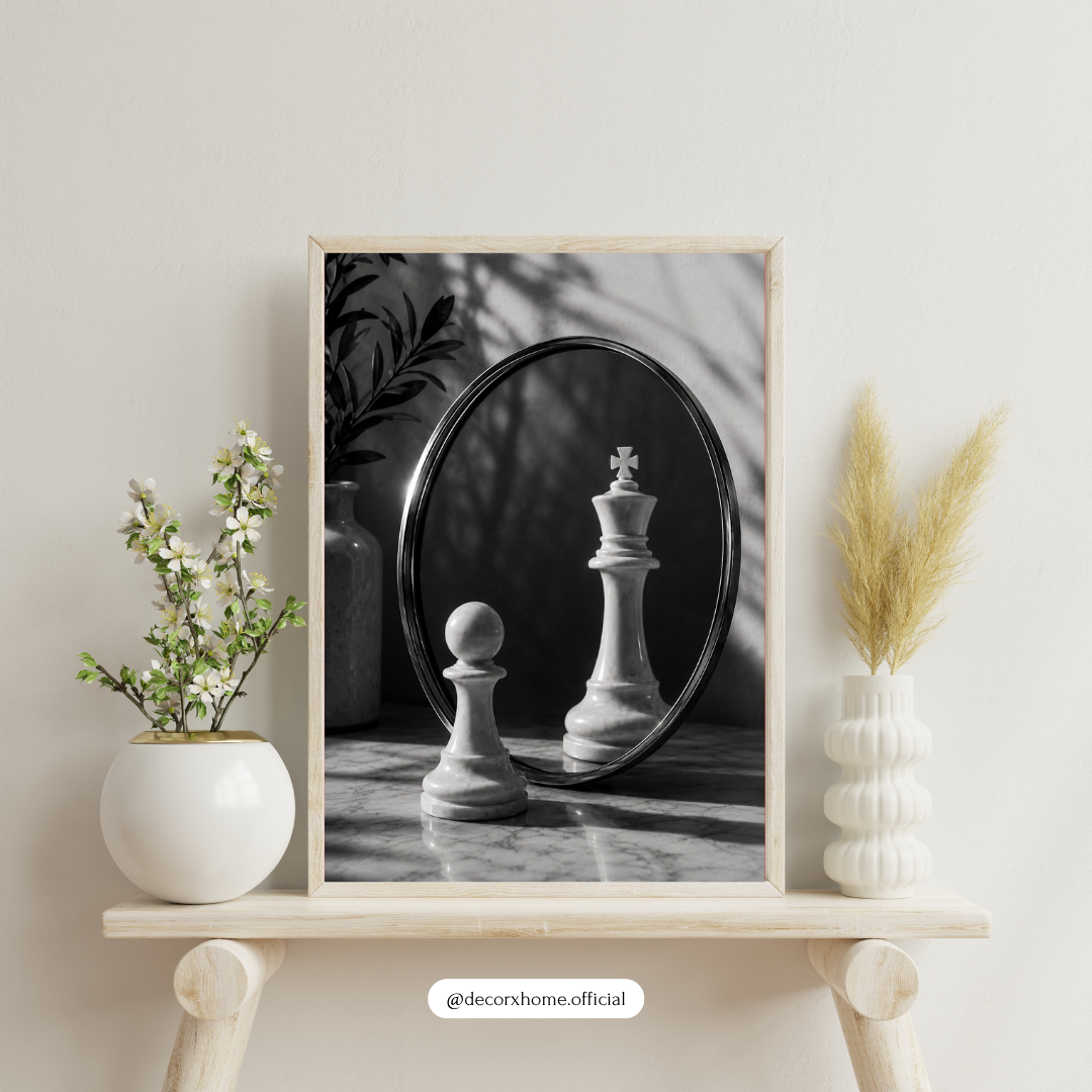 Chess King & Pawn Mirror Art – Minimalist Black & White Strategy Poster | Decorexhome