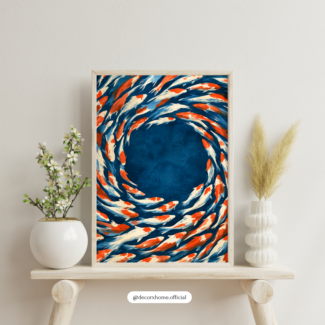 Koi Fish Swirl Wall Art | Japanese-Inspired Blue & Orange Fish Poster | Decorxhome