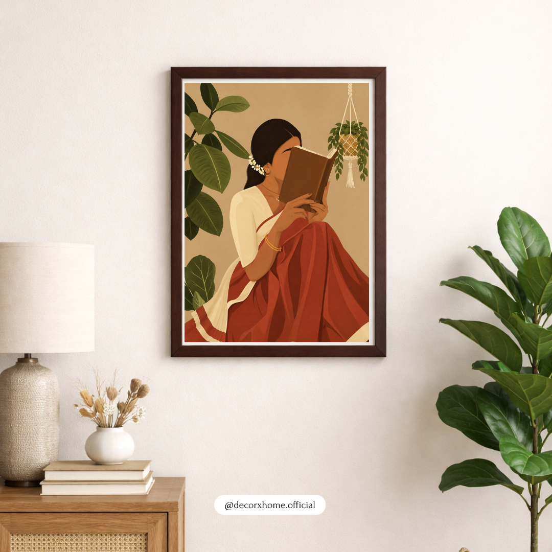 Serene Reader in Saree – Cozy Indian Aesthetic Wall Art Poster | DecorxHome