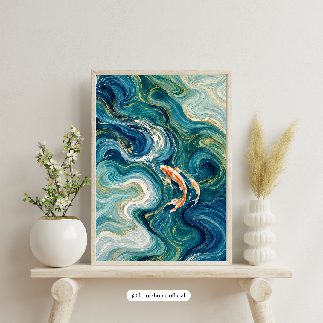 Abstract Koi Fish Wall Art | Blue Ocean Waves Painting Poster | Modern Home Decor | Decorxhome