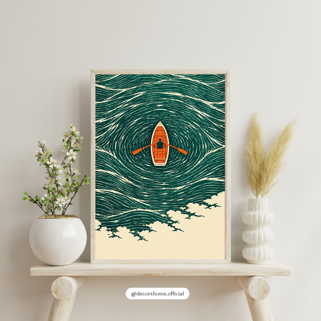 Minimalist Rowing Boat Ocean Wall Art | Blue Wave Poster & Framed Artwork