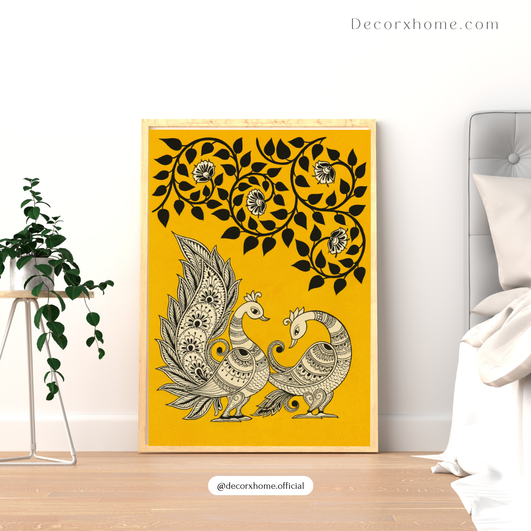Madhubani Peacock Pair Poster – Traditional Indian Folk Art Wall Decor