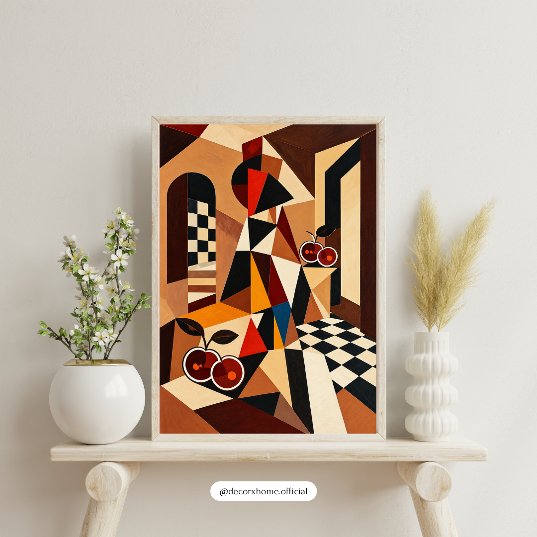 Geometric Cubist Still Life Wall Art Poster | Abstract Cherries & Checkerboard Design – Decorxhome