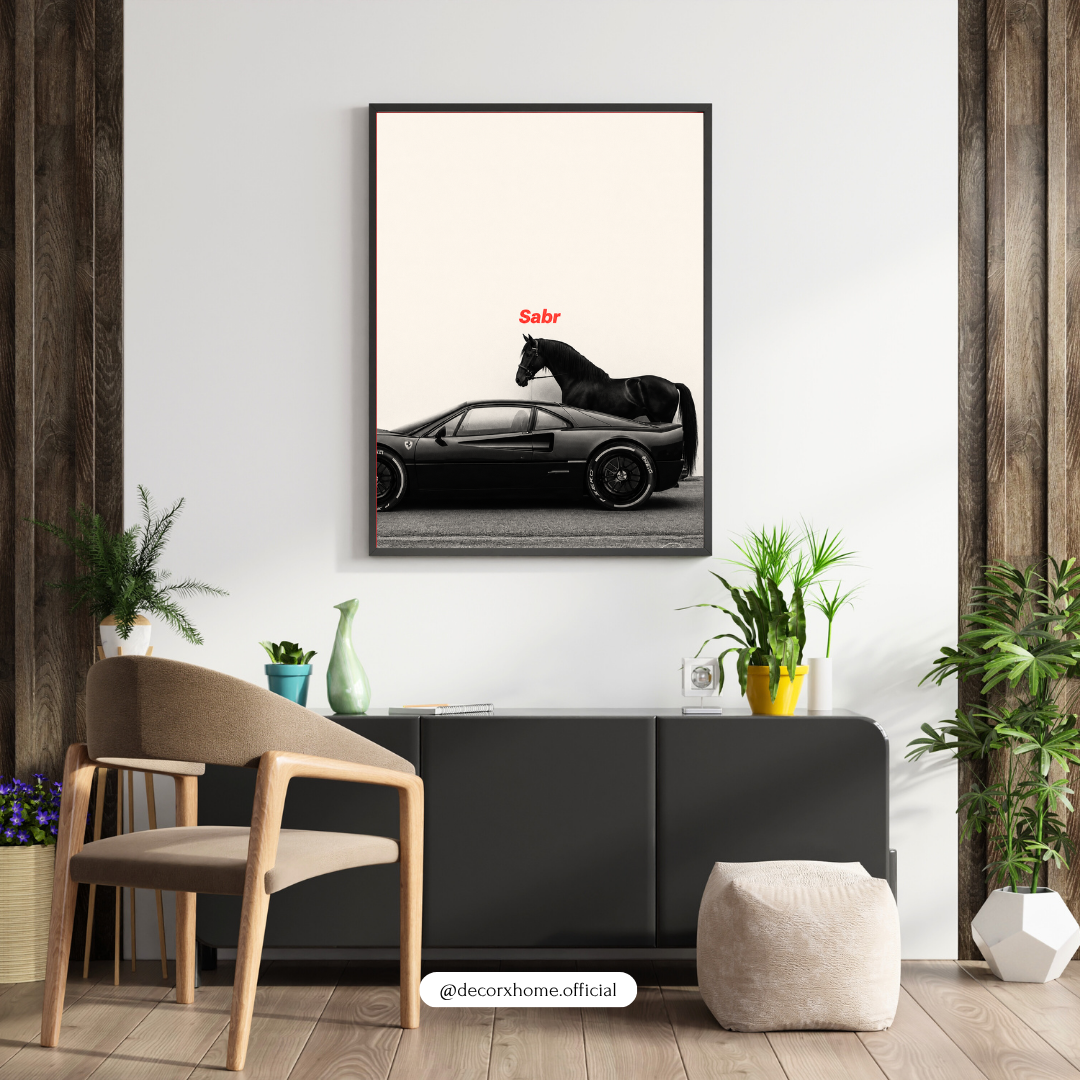 Sabr Luxury Car & Stallion Wall Poster | Minimalist Success Aesthetic by DecorxHome