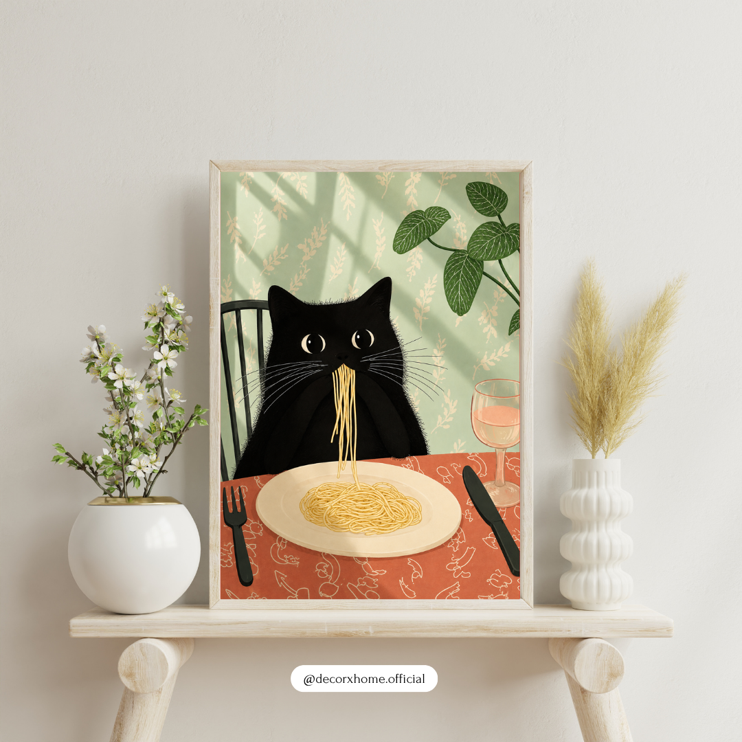 Decorexhome Funny Black Cat Eating Spaghetti Poster | Quirky Cat Wall Art
