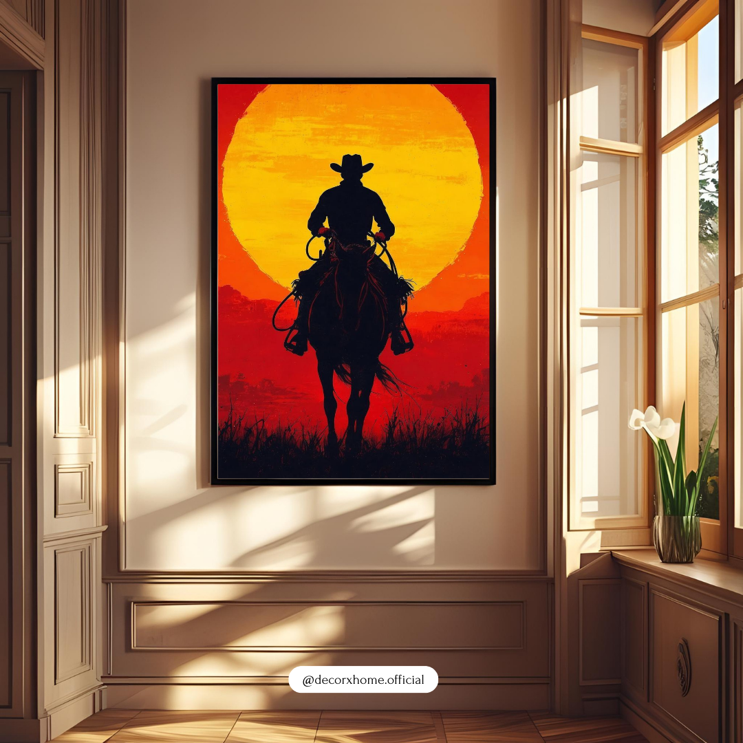 Lone Rider at Sunset – Western Silhouette Wall Poster by Decorxhome