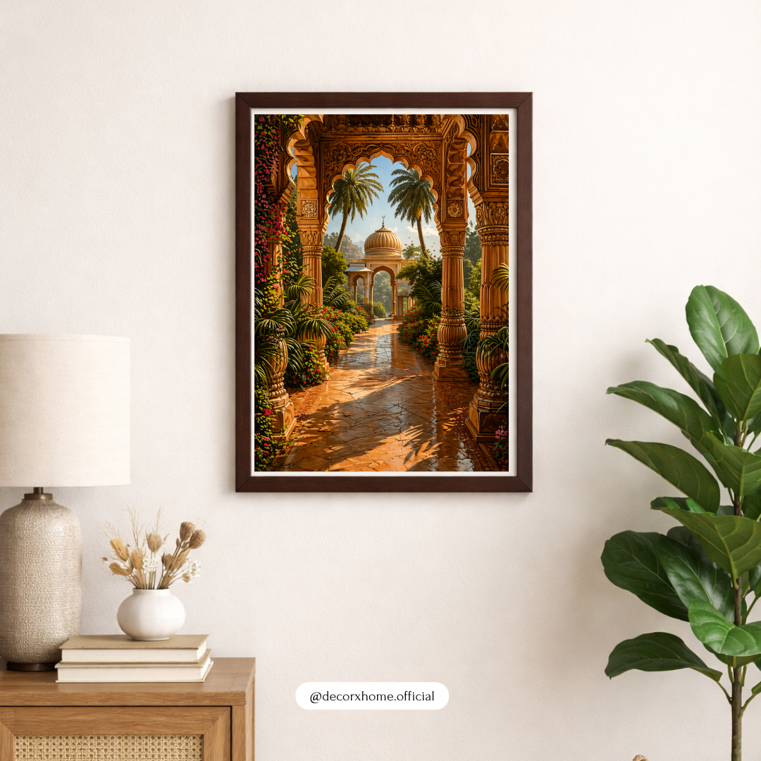 Royal Palace Garden Wall Art Poster – Indian Heritage Architecture Print | Vintage Aesthetic Canvas Decor (Framed)