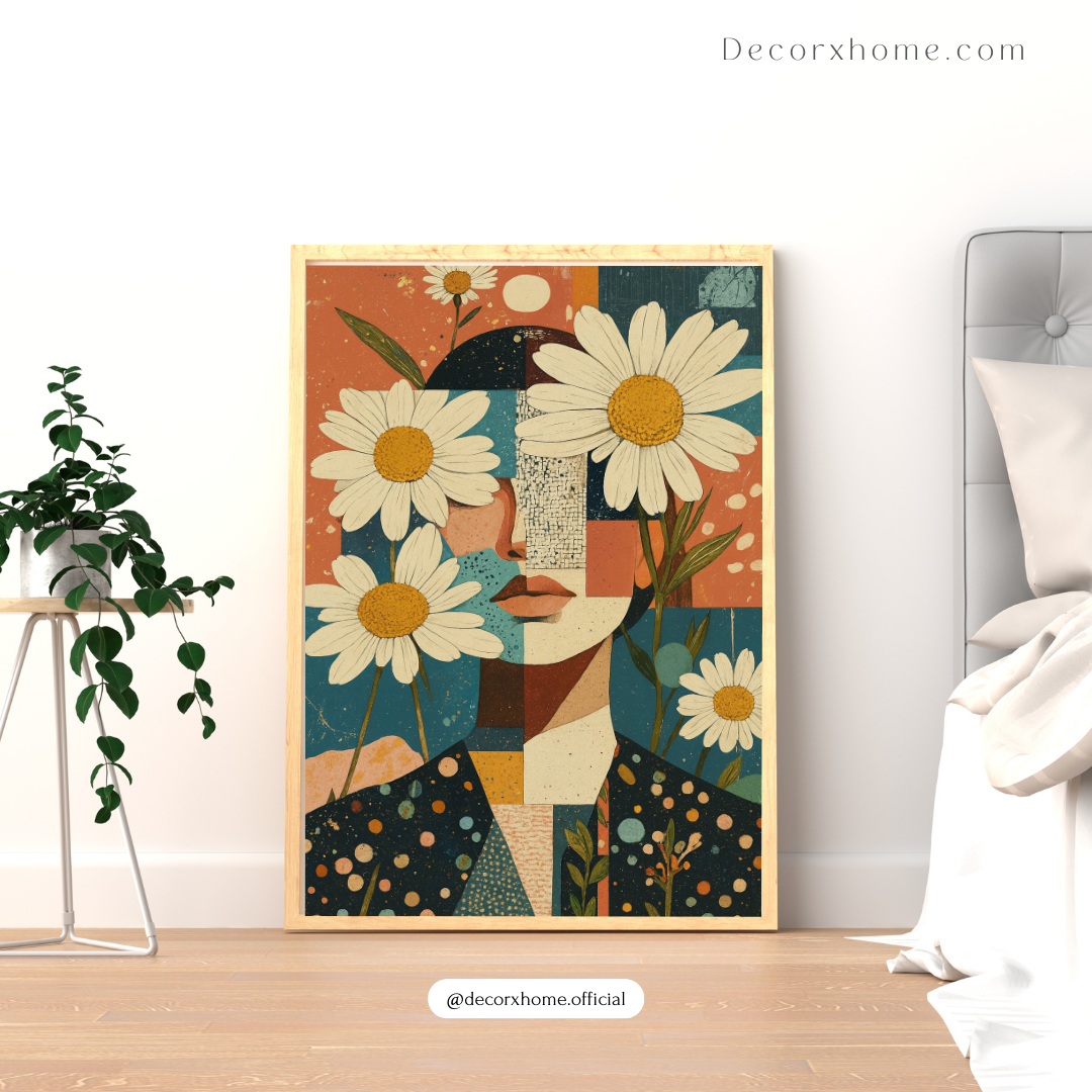 Floral Abstract Woman Poster – Daisy Face Modern Aesthetic Wall Art