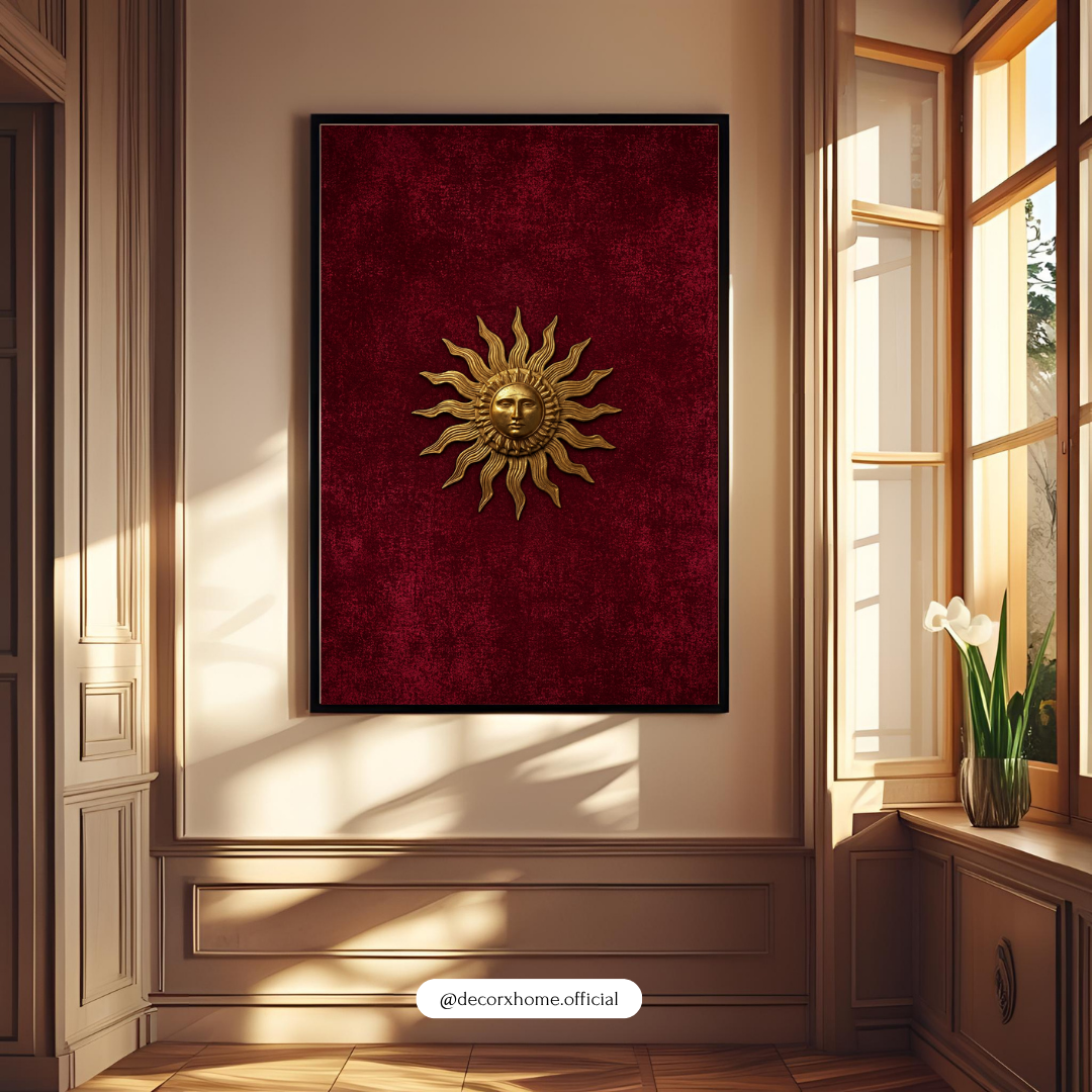 Minimalist Surya Emblem Poster | Golden Sun Symbol Wall Art on Crimson Red Background | Decorxhome