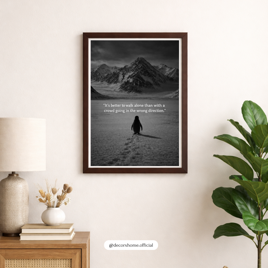 Walk Alone Motivational Poster | Minimalist Penguin Quote Wall Art | Decorxhome