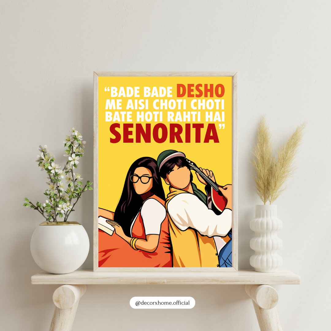 Senorita Poster | Bollywood Romance Quote Wall Art | Indian Couple Illustration | Retro Hindi Movie Inspired Artwork | Romantic Wall Décor | Decorexhome
