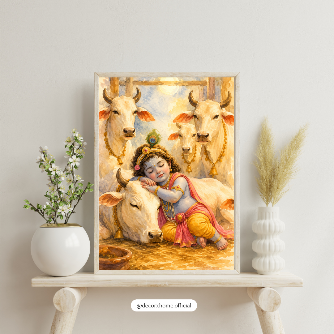 Decorxhome – Baby Krishna with Cows Spiritual Wall Art Poster