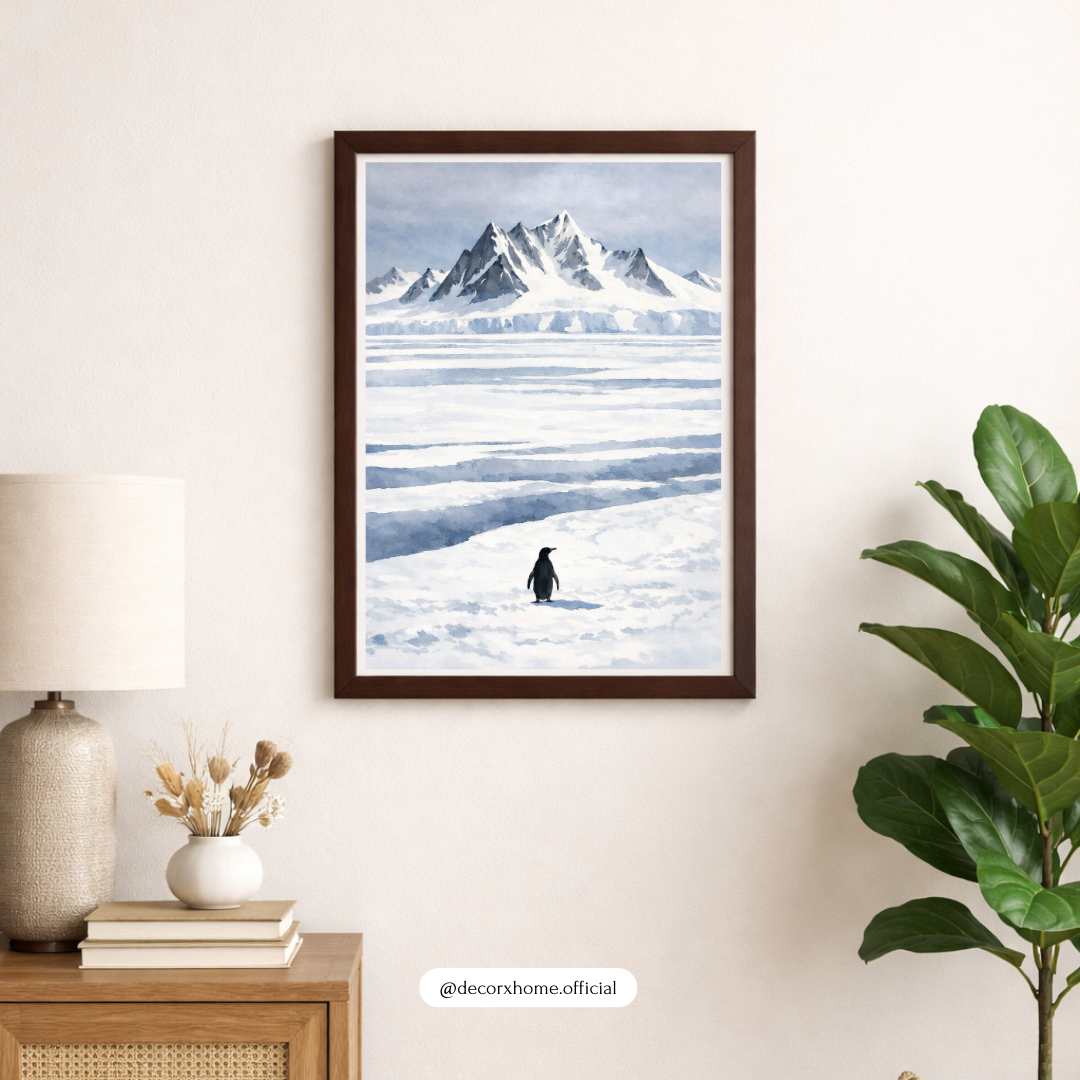 Arctic Penguin Landscape Poster – Minimal Snow Mountain Nature Wall Art | Decorxhome