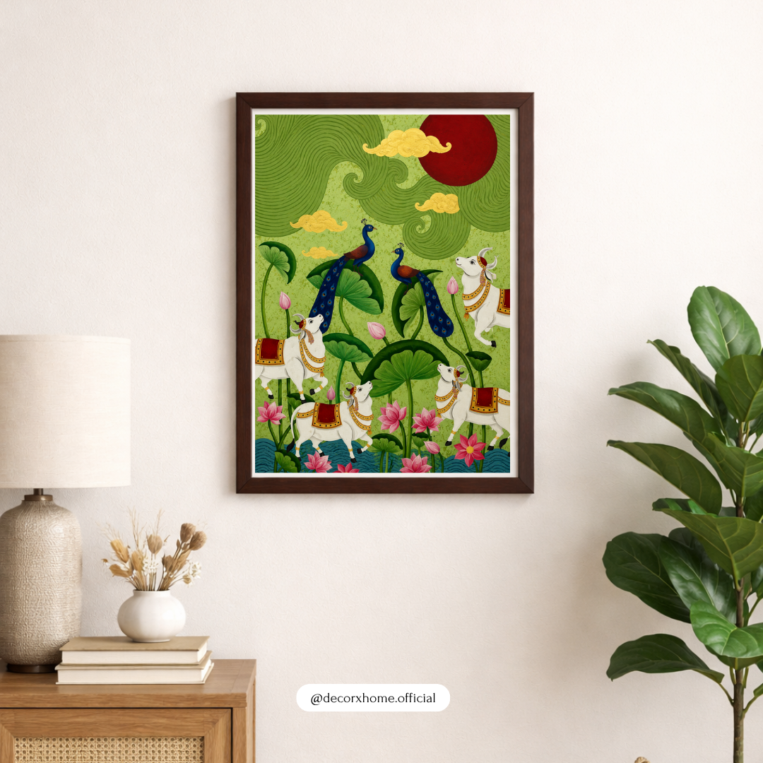 Traditional Peacock & Lotus Garden Wall Art Poster | Indian Folk Nature Artwork | Decorative Cultural Print | Decorexhome