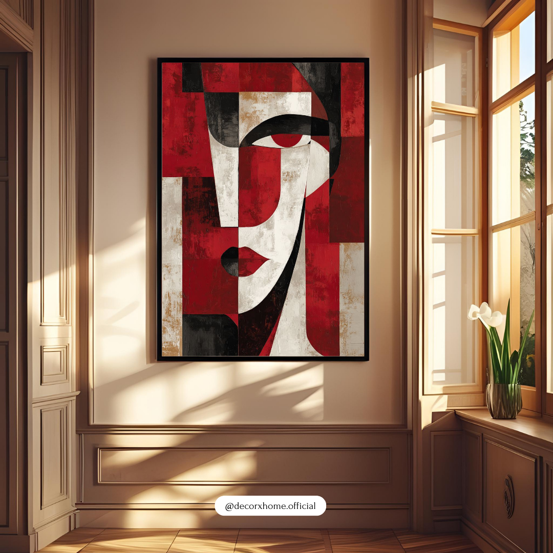 Bold Abstract Woman Face Wall Art Poster – Modern Red & Black Home Décor by Decorxhome