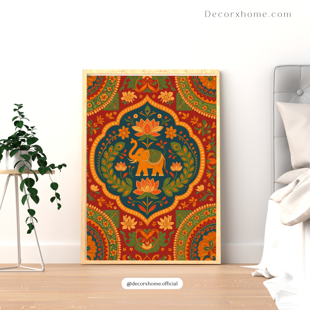 Lotus Elephant Mandala Poster – Vibrant Traditional Indian Art Wall Decor