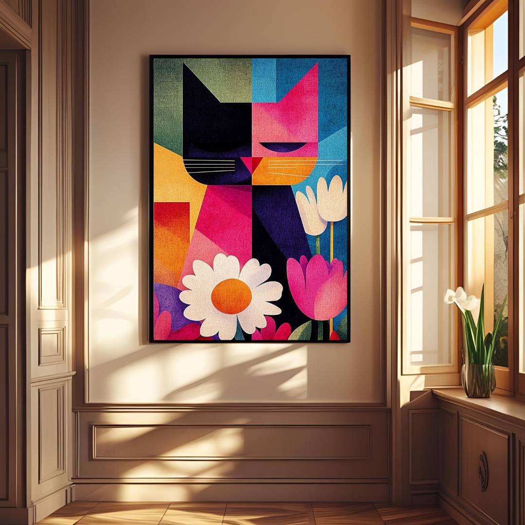 Geometric Cat & Floral Wall Art – Framed Modern Art Print for Living Room, Bedroom & Office