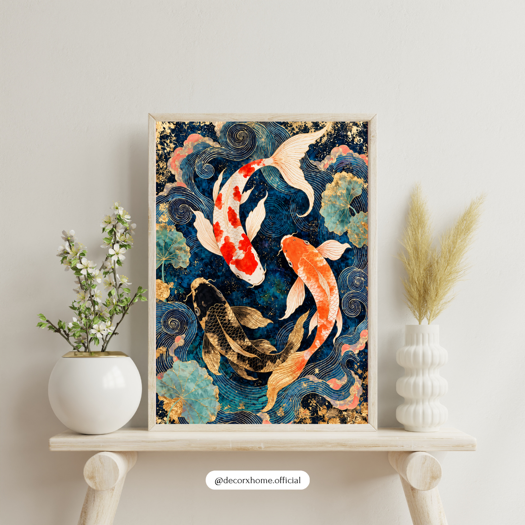 Japanese Koi Fish Wall Art | 3 Koi Fish Blue & Gold Aesthetic Poster | Luxury Modern Wall Decor | Decorxhome