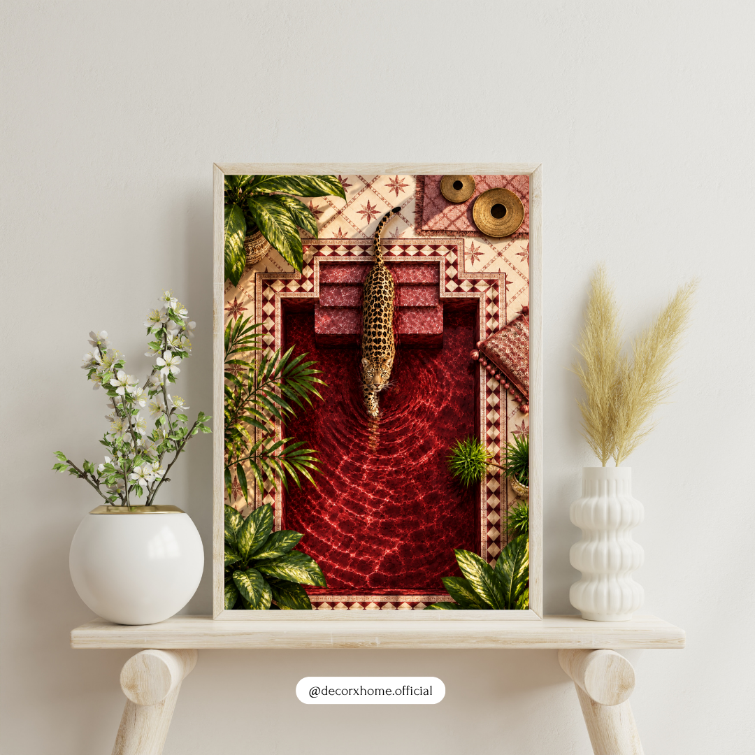Leopard Pool Reflection Poster | Tropical Wildlife Wall Art | Luxury Nature Decor | Decorxhome