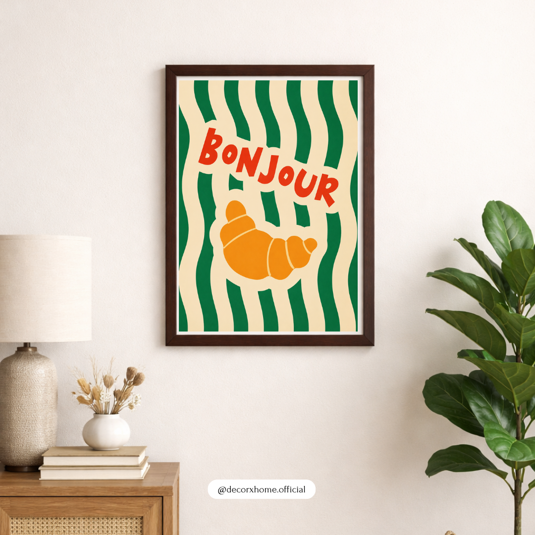 Bonjour Croissant Wall Art Poster | Retro French Café Aesthetic Print | Minimal Boho Kitchen Artwork | Decorexhome