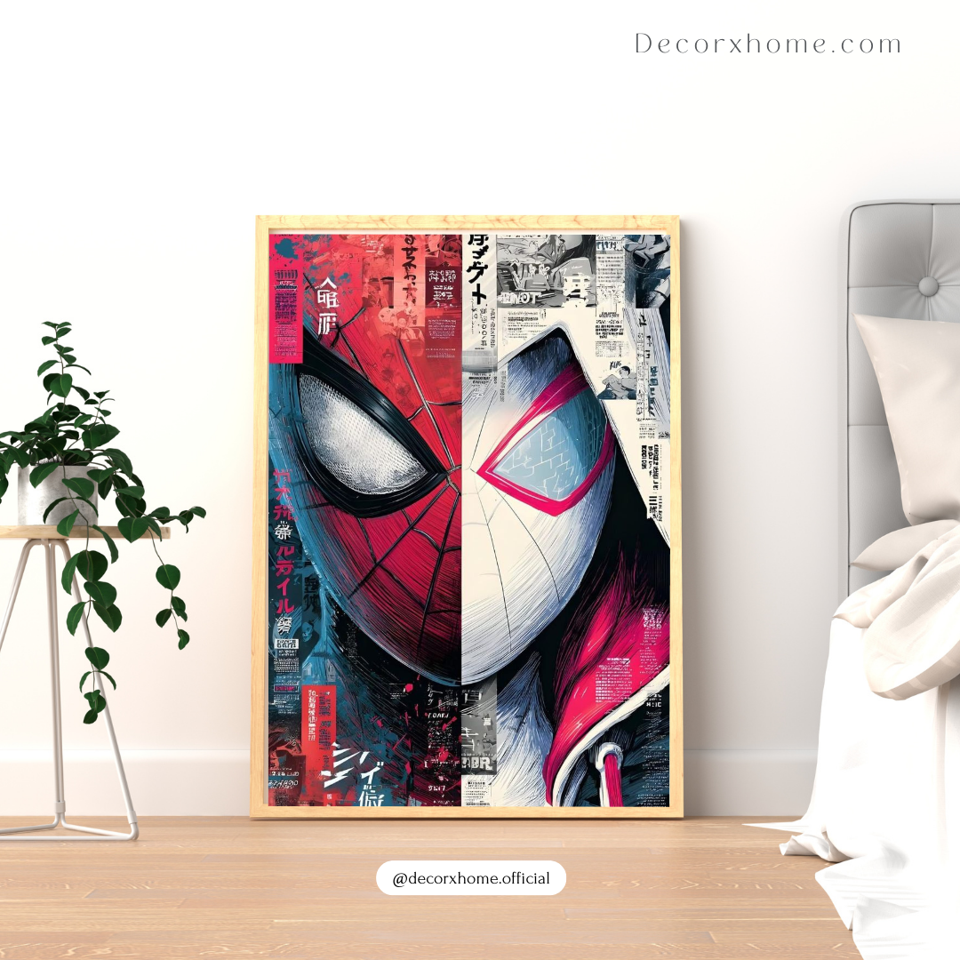 Spiderman & Spider Gwen Dual Masked Hero Art Poster – Vibrant Split Comic-Style Wall Decor
