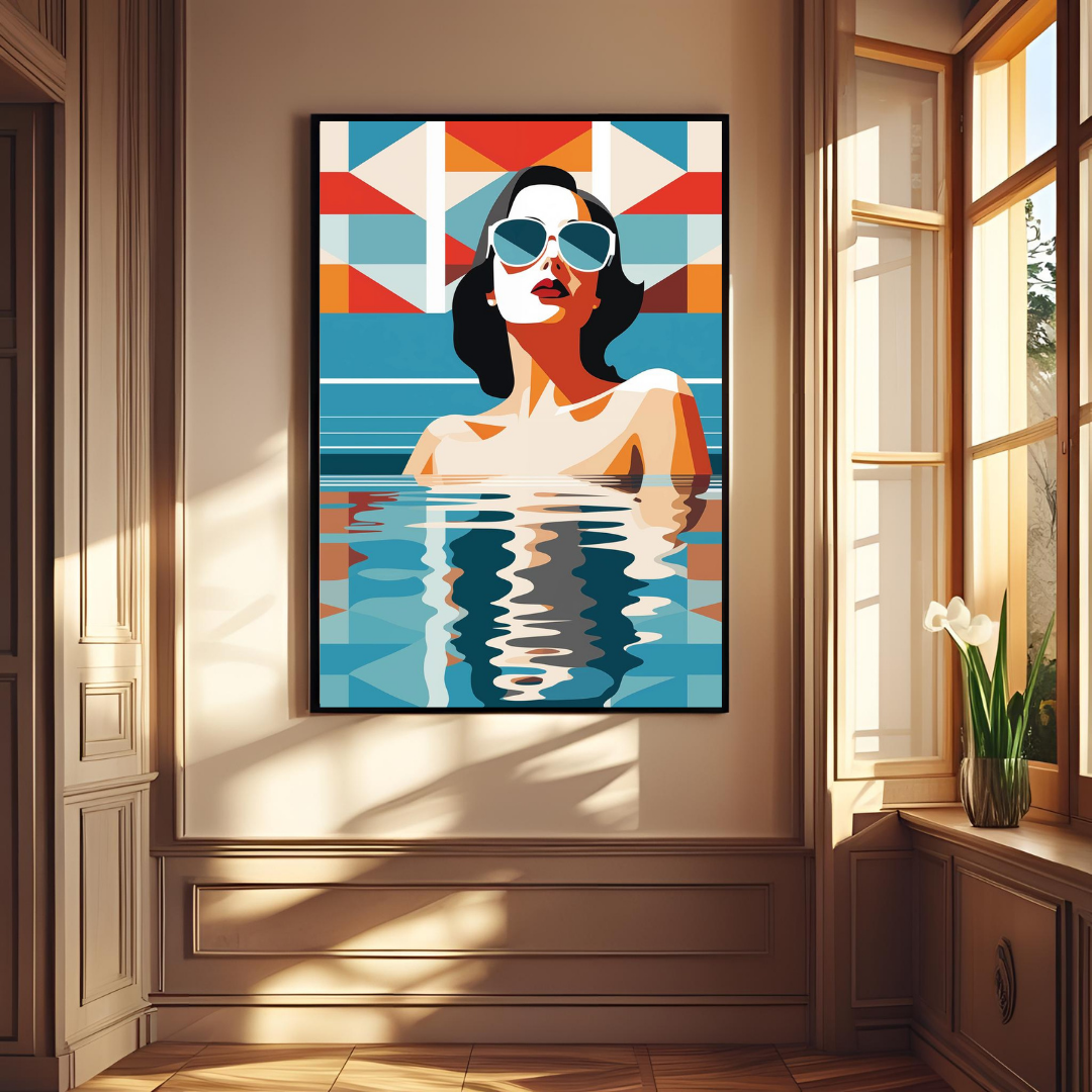 Modern Poolside Woman Wall Art – Framed Pop Art Print for Living Room, Bedroom & Office