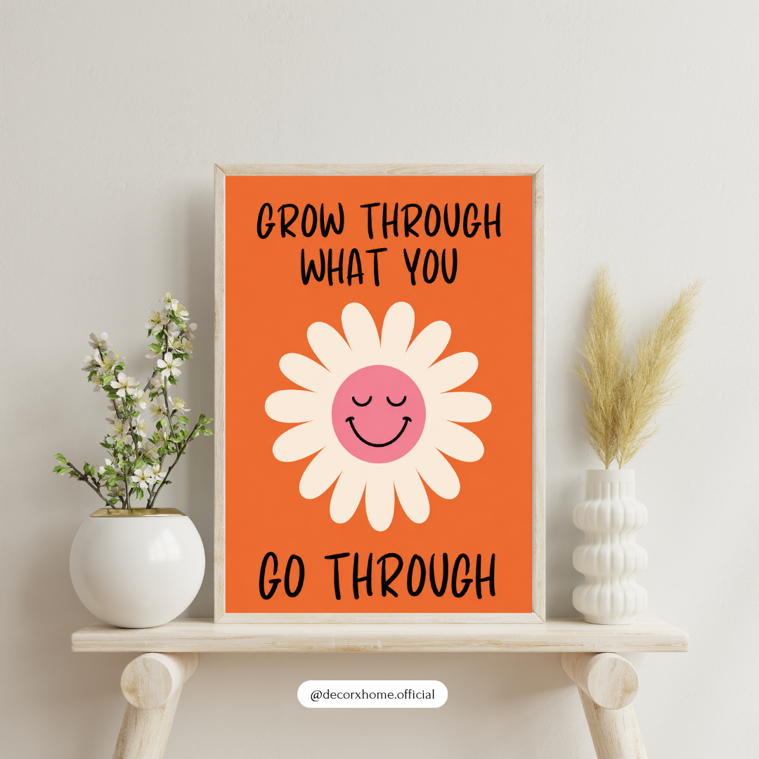 Decorxhome – Grow Through What You Go Through Motivational Floral Wall Art Poster
