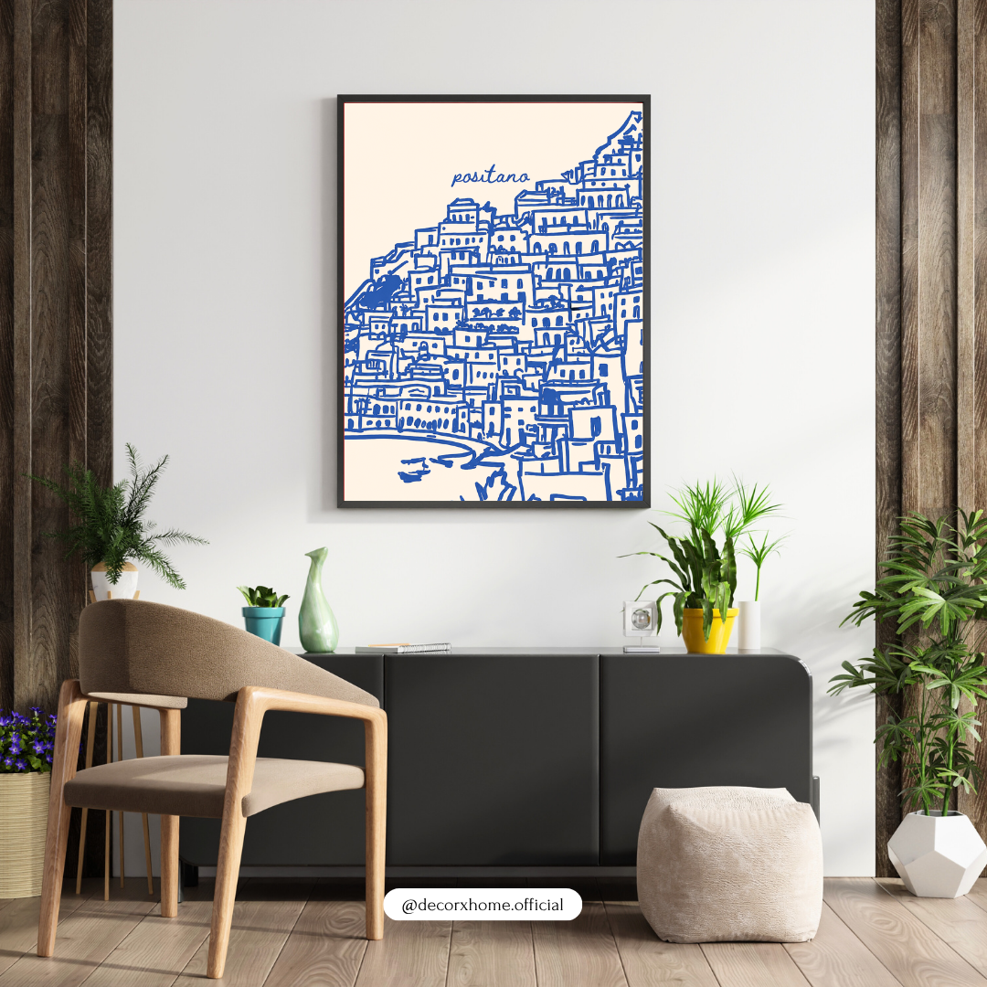 Positano Minimal Line Art Poster | Blue Coastal City Sketch Wall Art by DecorxHome