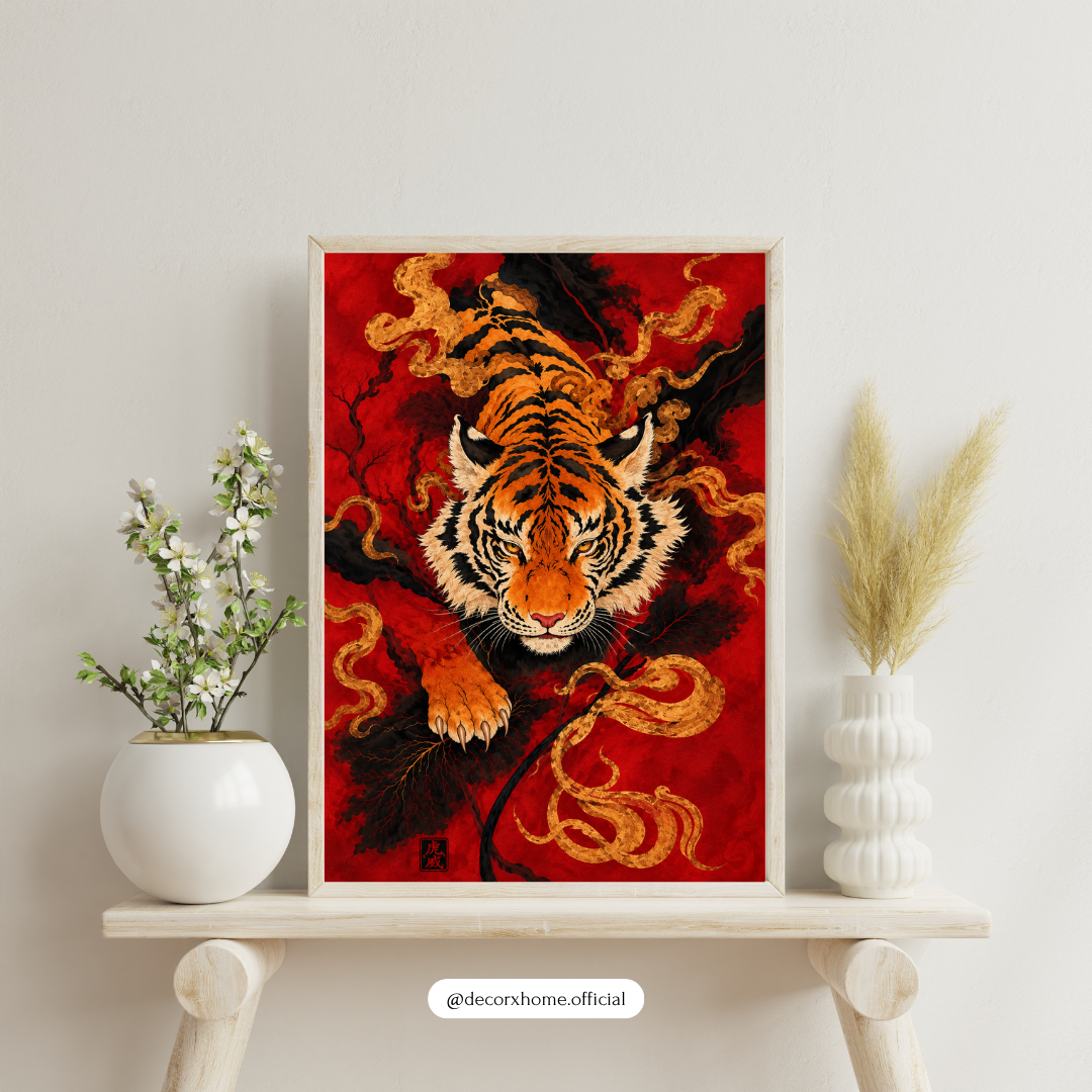 Decorexhome Fierce Tiger Poster | Japanese-Inspired Red Tiger Wall Art | Golden Tiger & Dragon Artwork