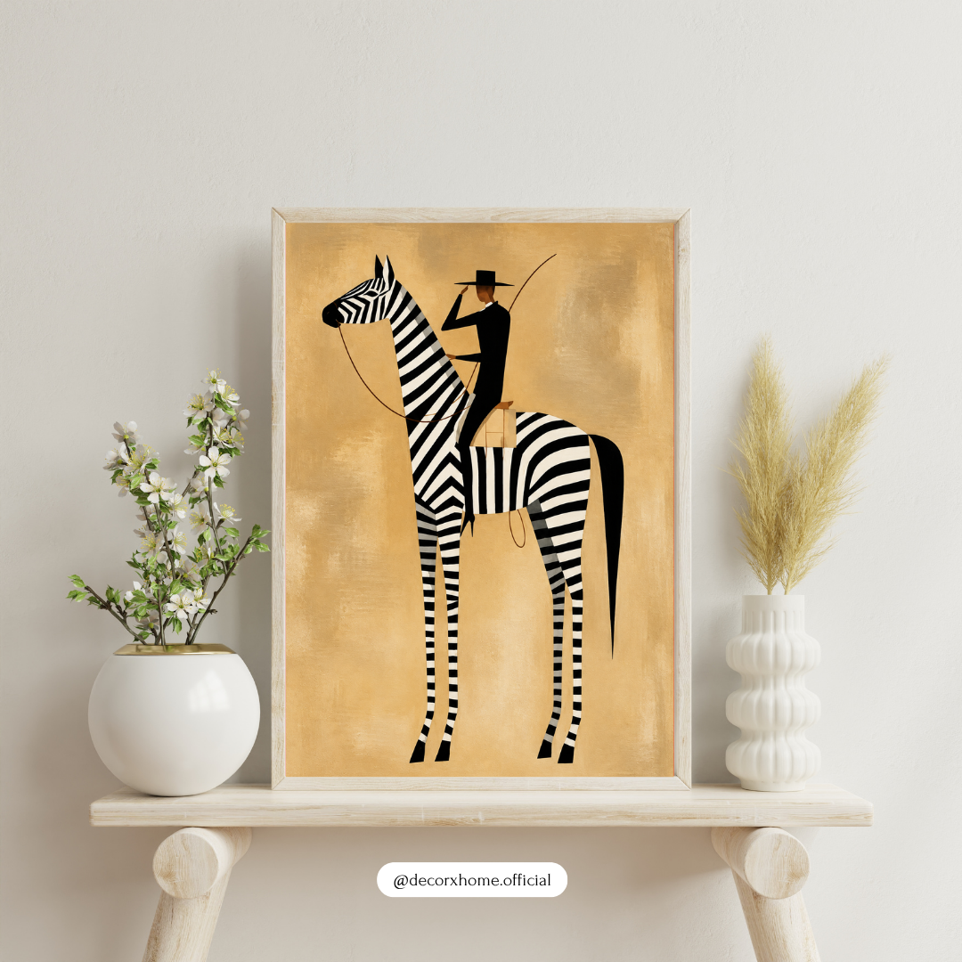 Decorexhome Zebra Rider Wall Art | Minimalist Zebra & Horse Rider Poster | Black & White Animal Artwork