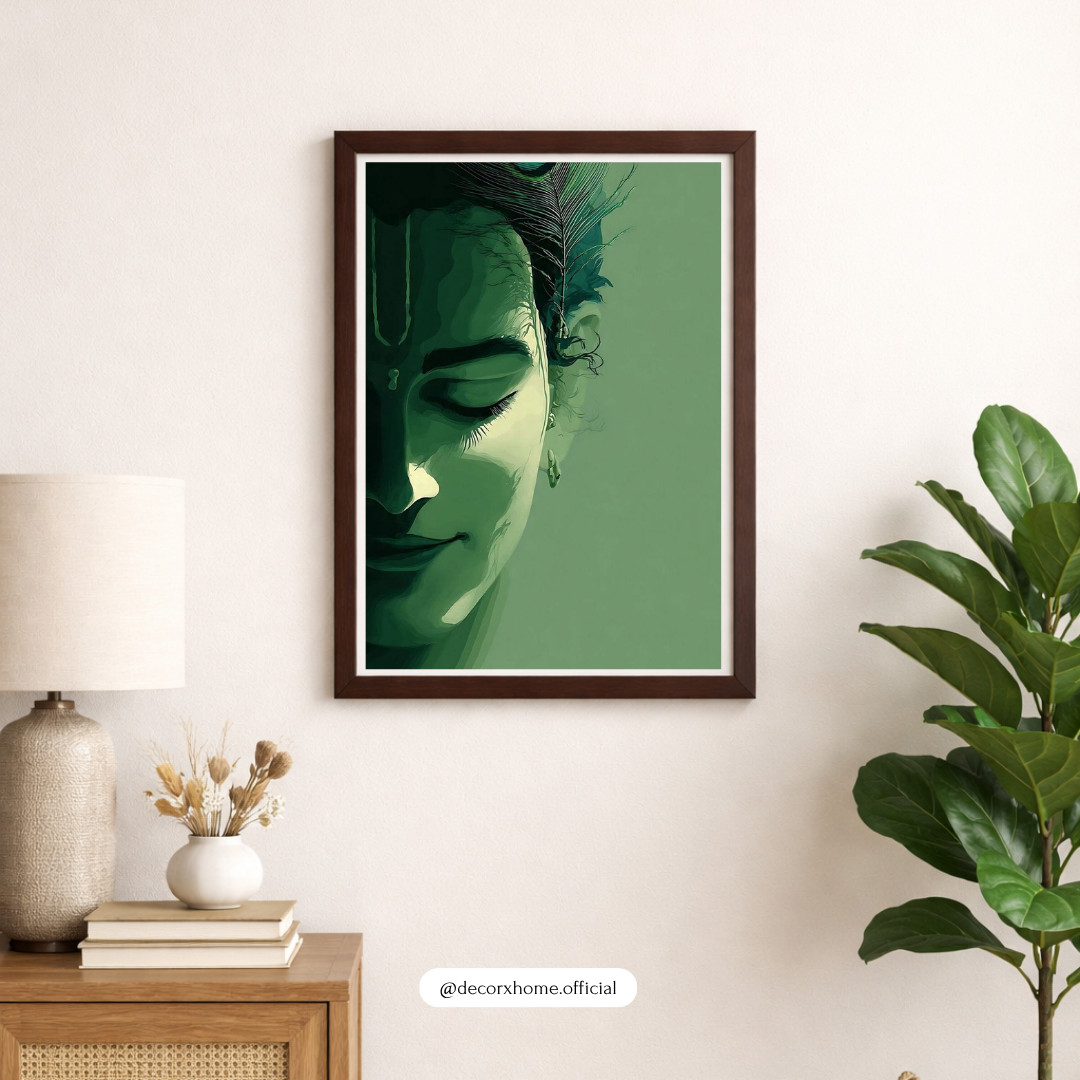 Serene Krishna Minimal Wall Art Poster – Spiritual Green Aesthetic Painting | Decorxhome