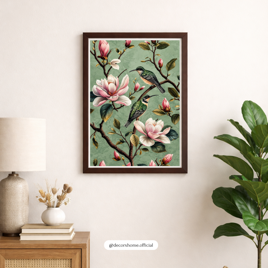 Magnolia Blossoms & Songbirds Wall Art Poster | Vintage Botanical Nature Decor
