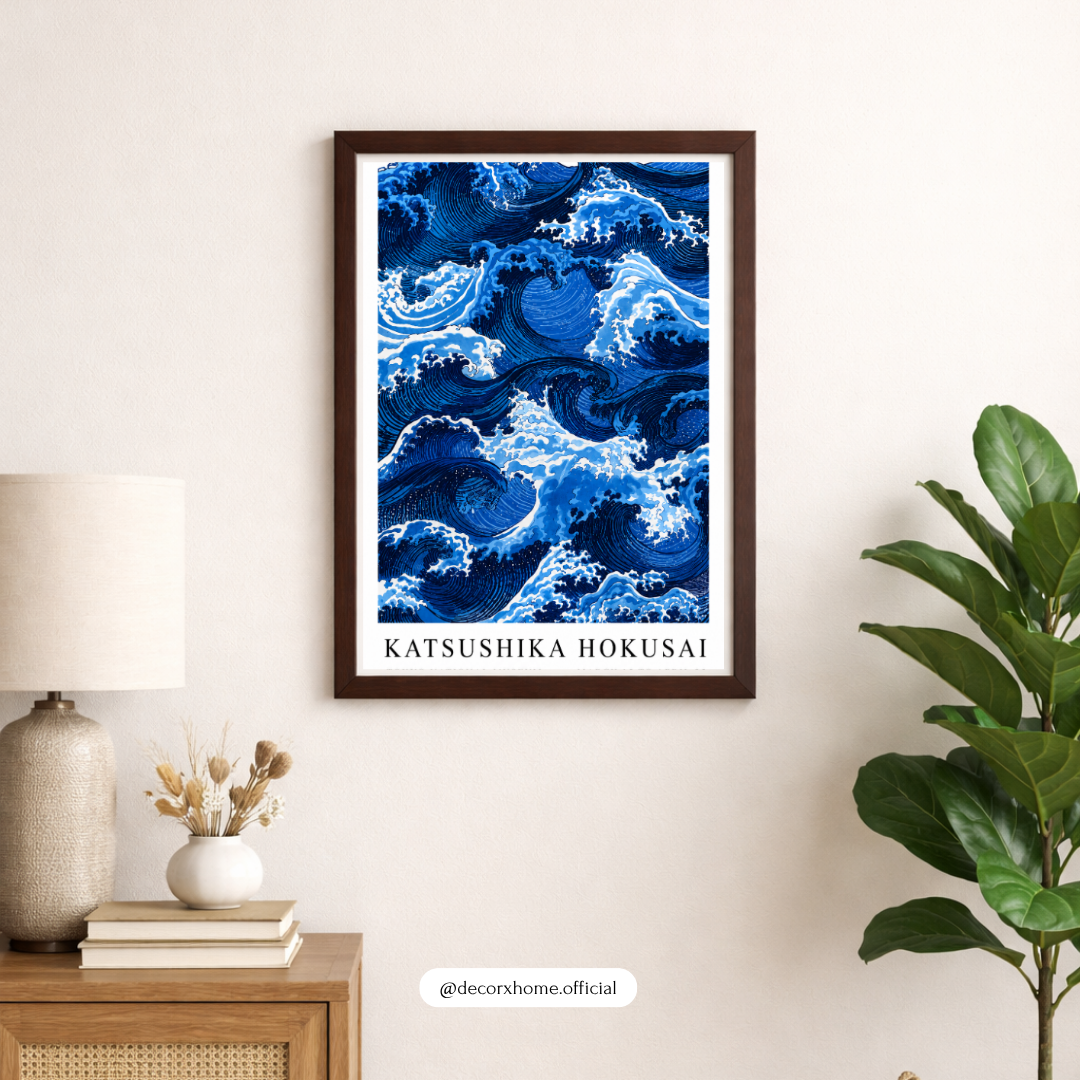 Japanese Ocean Waves Wall Art Poster | Hokusai-Inspired Coastal Blue Decor