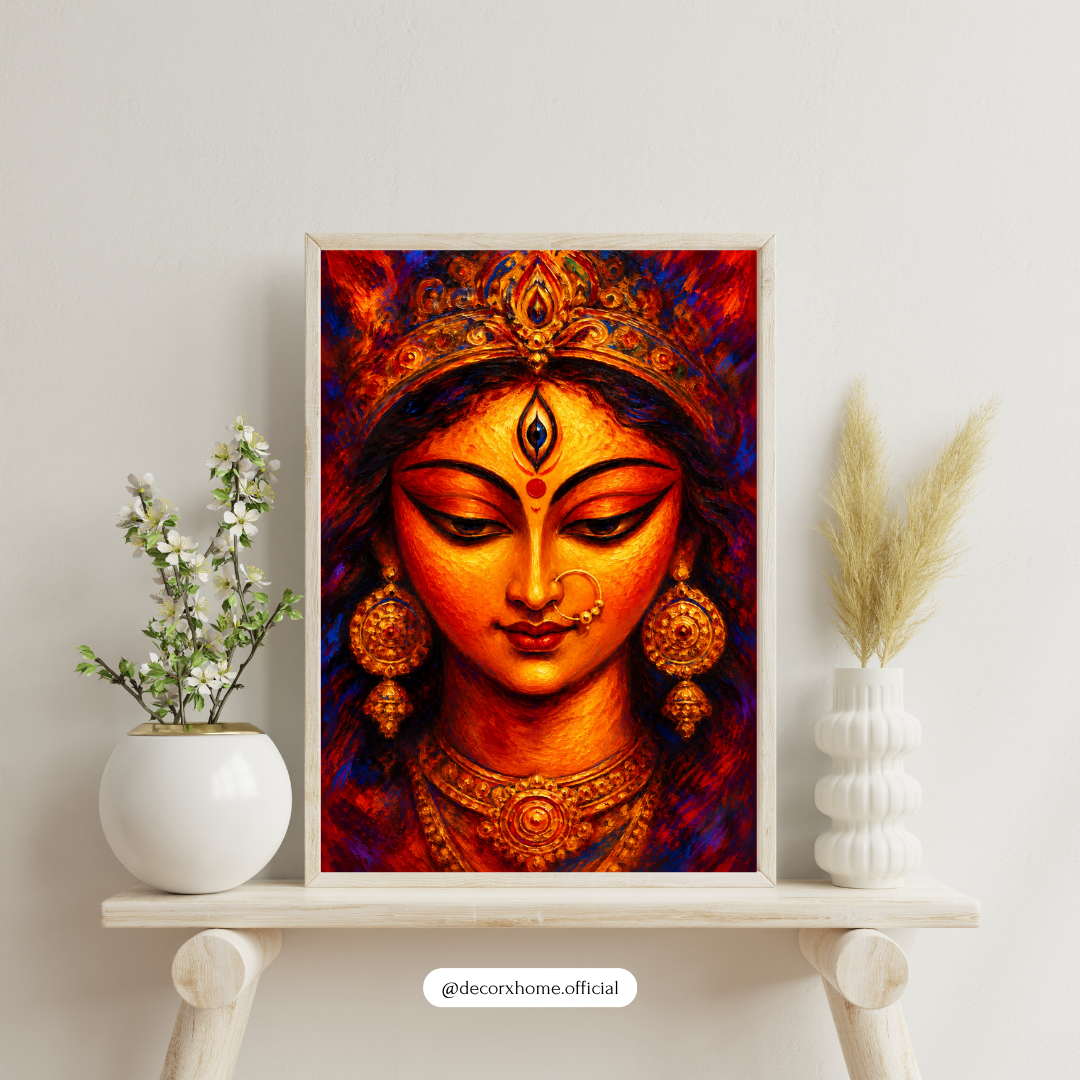 Goddess Durga Face Wall Art | Maa Durga Divine Portrait Poster & Framed Artwork