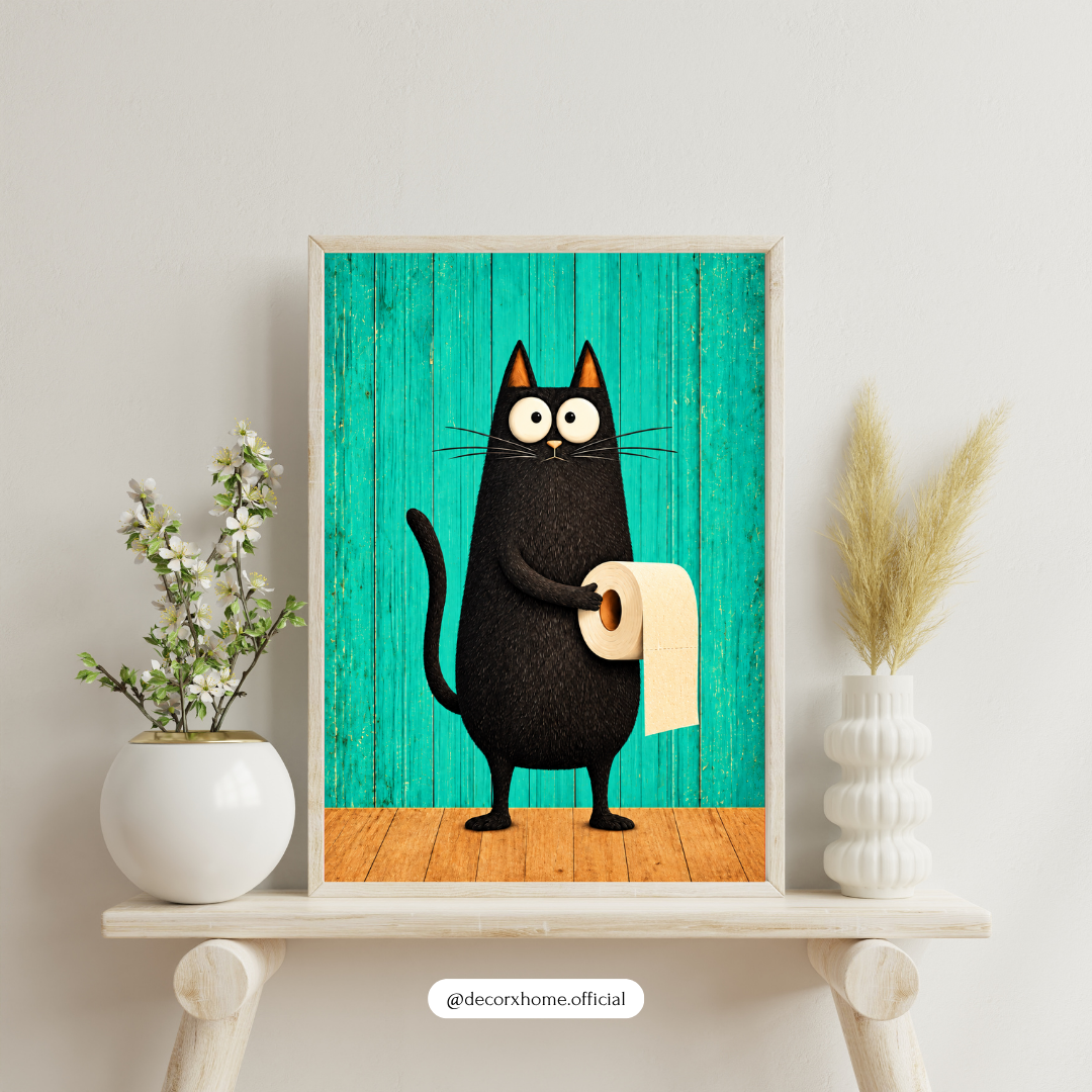 Funny Black Cat Toilet Paper Poster | Cute Bathroom Wall Art | Quirky Cat Decor | Decorxhome