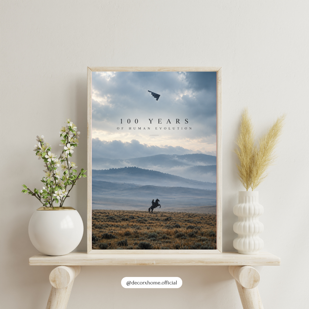 100 Years of Human Evolution Wall Art Poster | Minimalist Mountain Landscape & Lone Rider – Decorxhome