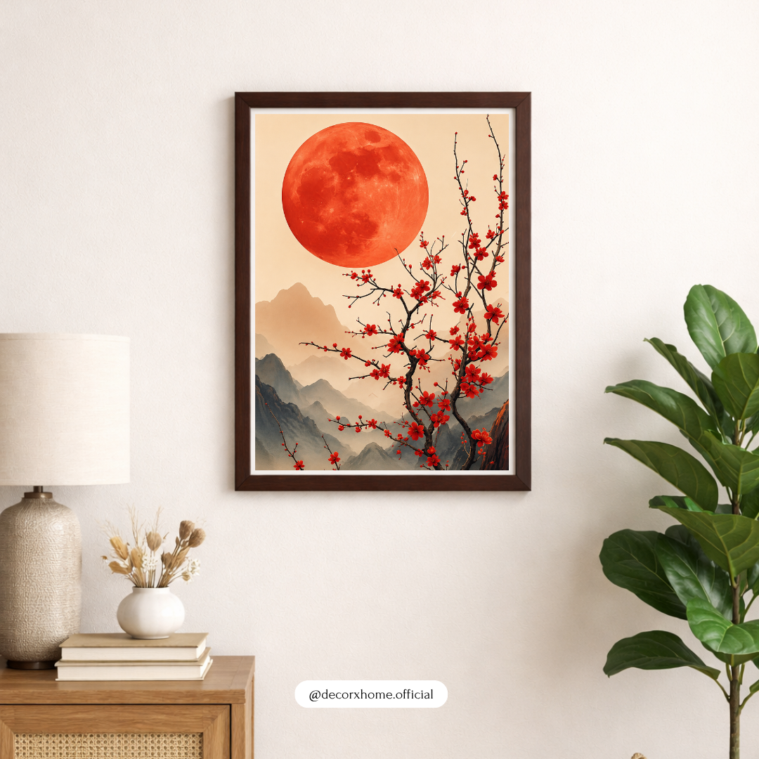 Red Moon Sakura Landscape Wall Art Poster | Japanese Zen Nature Decor