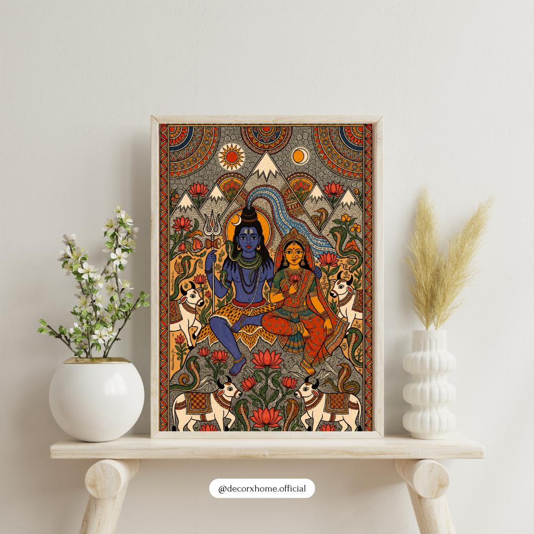 Lord Shiva & Parvati Madhubani Art Poster | Traditional Indian Spiritual Wall Decor | Mahadev & Devi Artwork | Decorexhome