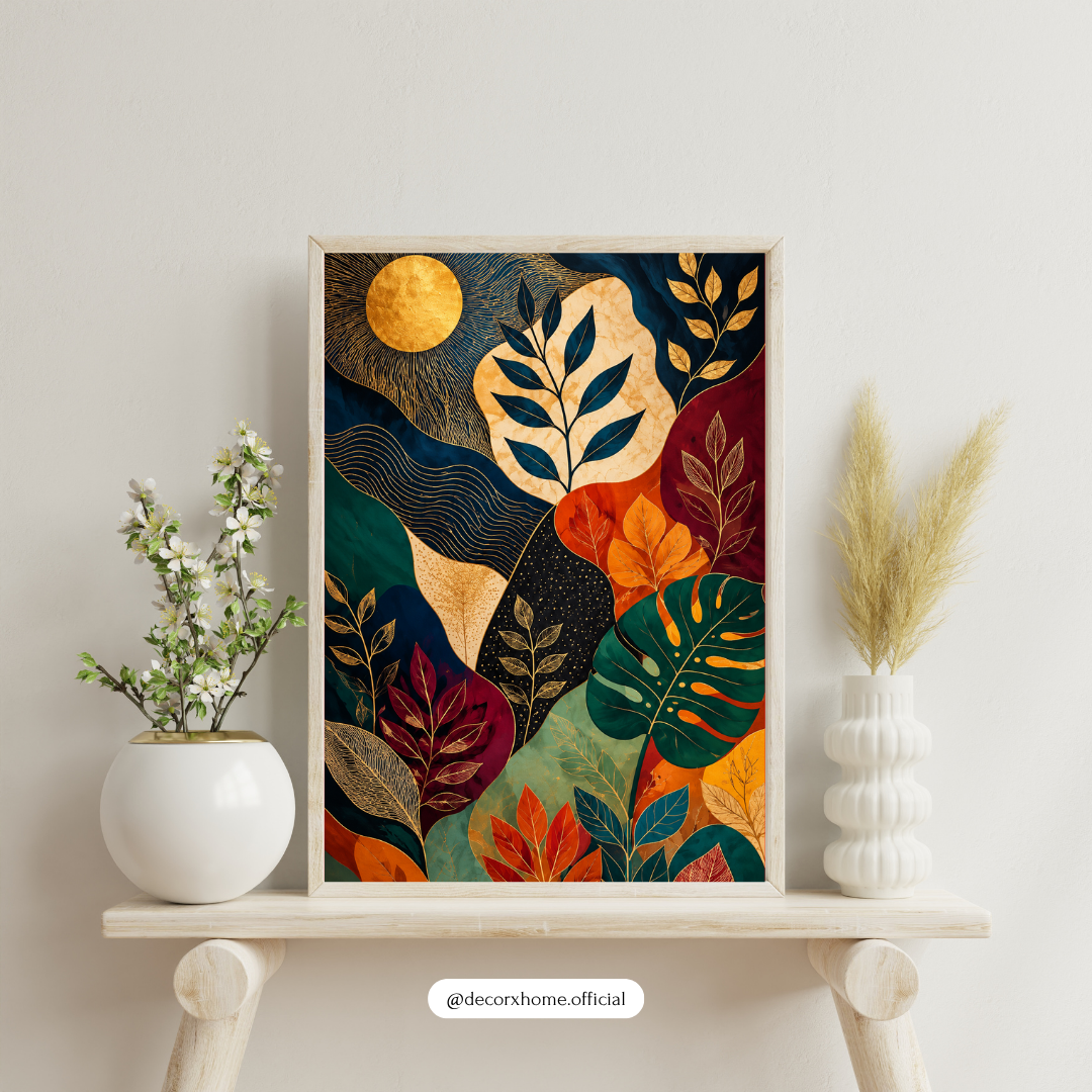 Abstract Botanical Wall Art | Blue & Gold Tropical Leaf Poster | Modern Luxury Nature Wall Decor | Decorxhome