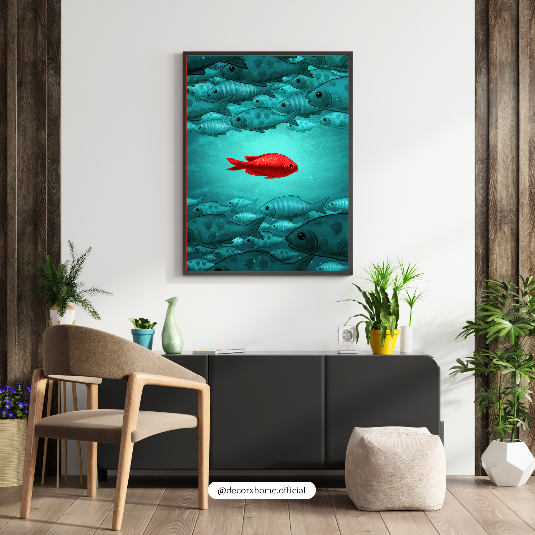 The Red Fish Poster | Stand Out Motivational Wall Art | Unique Leadership Decor by DecorxHome