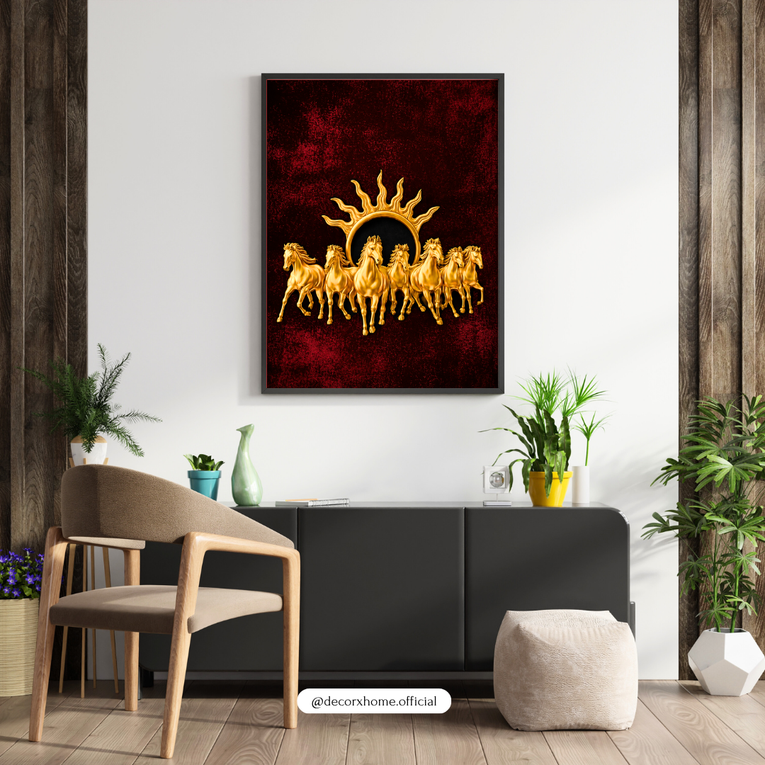 Seven Horses & Rising Sun Poster | Vastu Prosperity Wall Art by DecorxHome