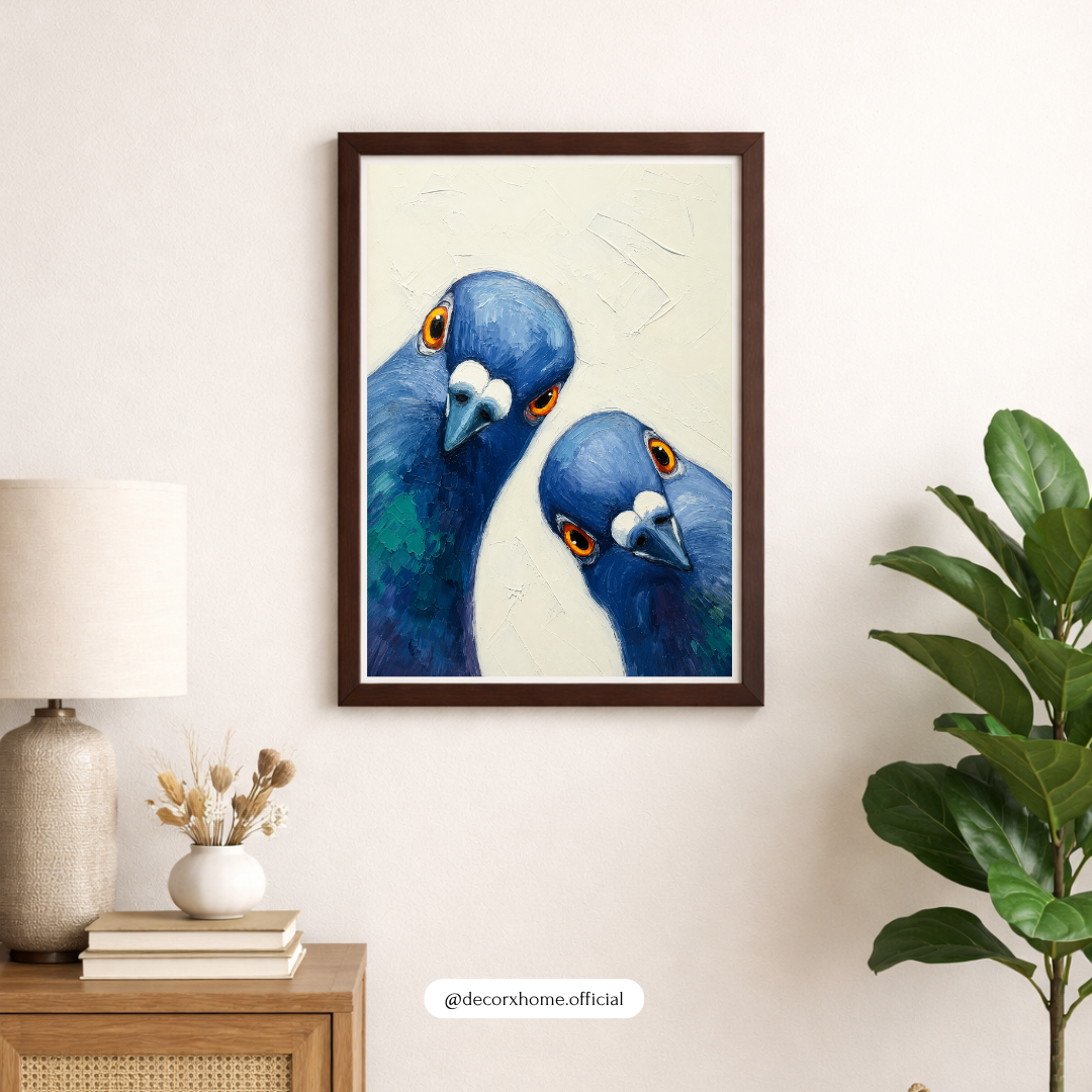 Curious Blue Pigeons Poster | Whimsical Animal Wall Art by DecorxHome