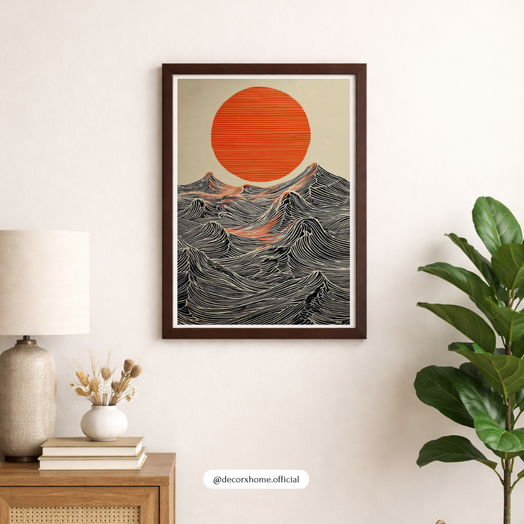 Japanese Red Sun & Ocean Waves Poster – Minimalist Japanese Landscape Wall Art | Decorxhome