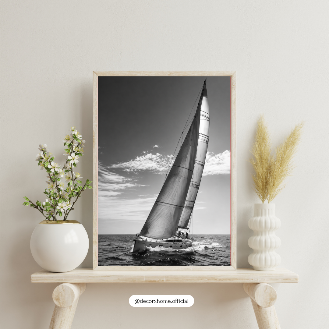 DecorexHome Black & White Sailing Yacht Wall Art Poster | Nautical Ocean Photography Decor