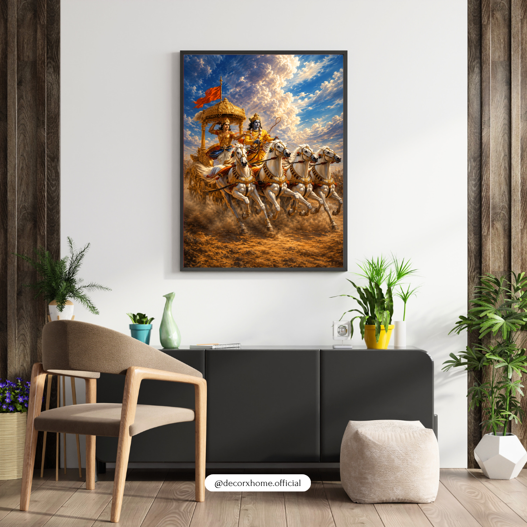 DecorexHome Krishna & Arjuna Mahabharata Poster | Divine Chariot Wall Art | Spiritual Hindu Mythology Artwork | Epic Battle Scene Print