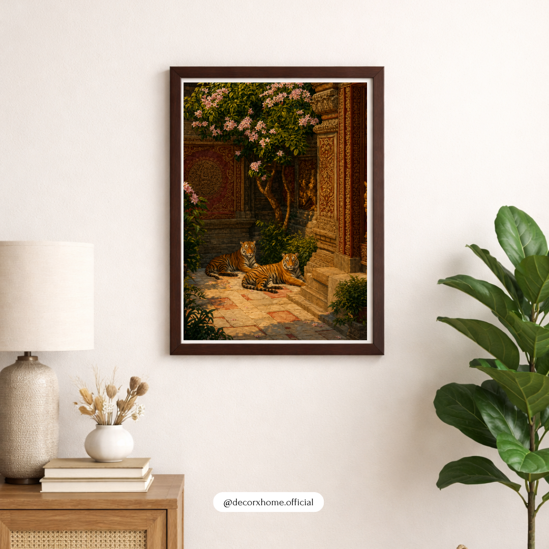 Royal Tigers in Palace Garden – Premium Aesthetic Wall Art Poster | DecorxHome