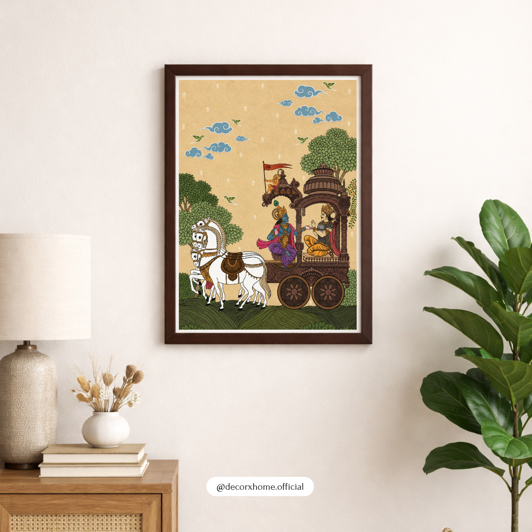 Krishna & Arjuna Chariot Wall Art Poster | Mahabharata Inspired Traditional Indian Decor
