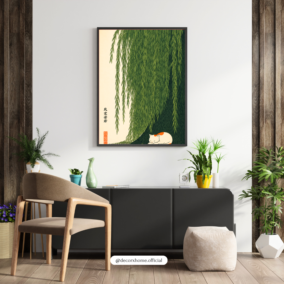 Sleeping Cat Under Willow Tree Poster | Japanese Zen Nature Wall Art by DecorxHome