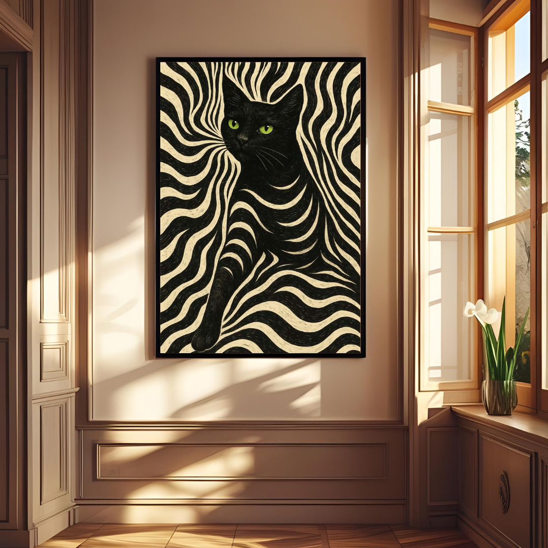 Abstract Black Cat Wall Art – Framed Animal Print for Modern Home Decor